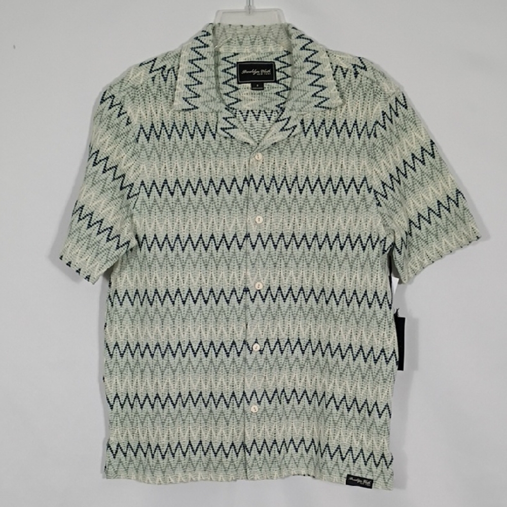 NWT Brooklyn Cloth Aqua Cream Zigzag Knit Camp Collar Shirt Mens Size Small